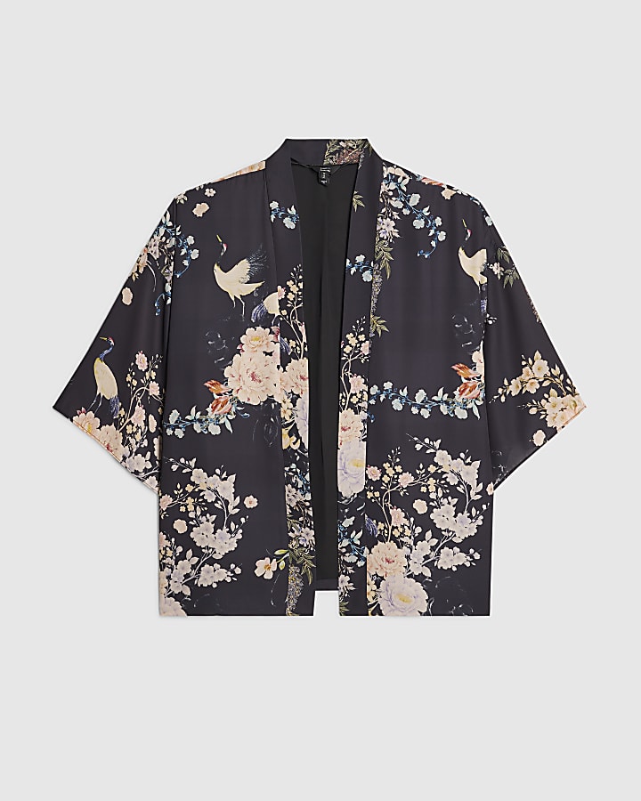 Black Floral Print Kimono