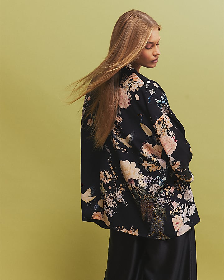Black Floral Print Kimono