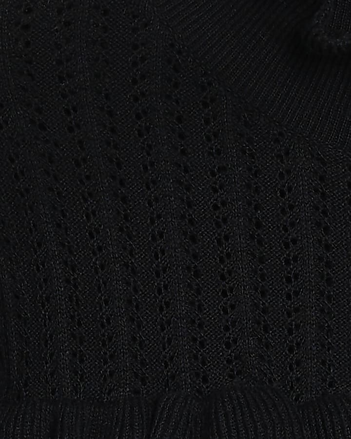 Black Knit Ruffle High Neck Long Sleeve Top