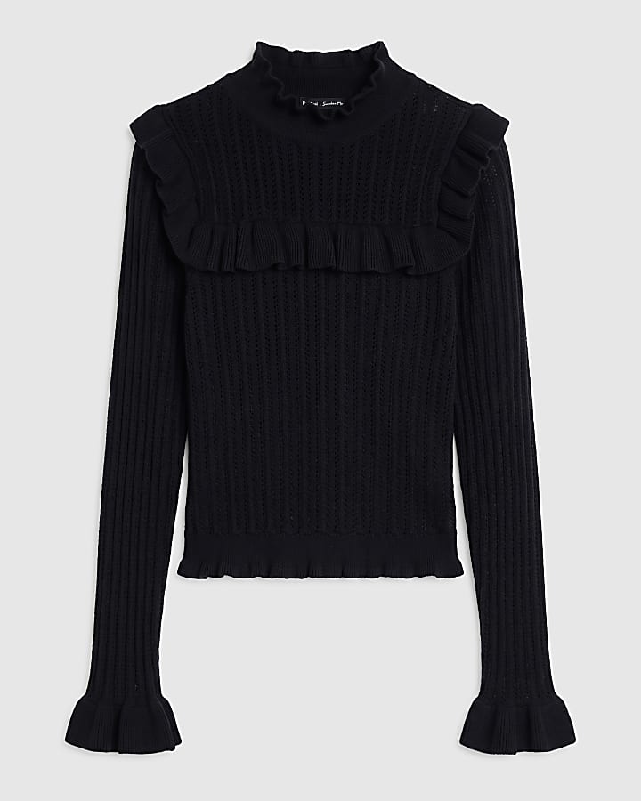 Black Knit Ruffle High Neck Long Sleeve Top