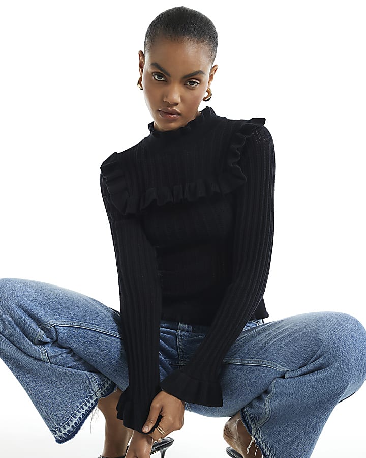 Black Knit Ruffle High Neck Long Sleeve Top
