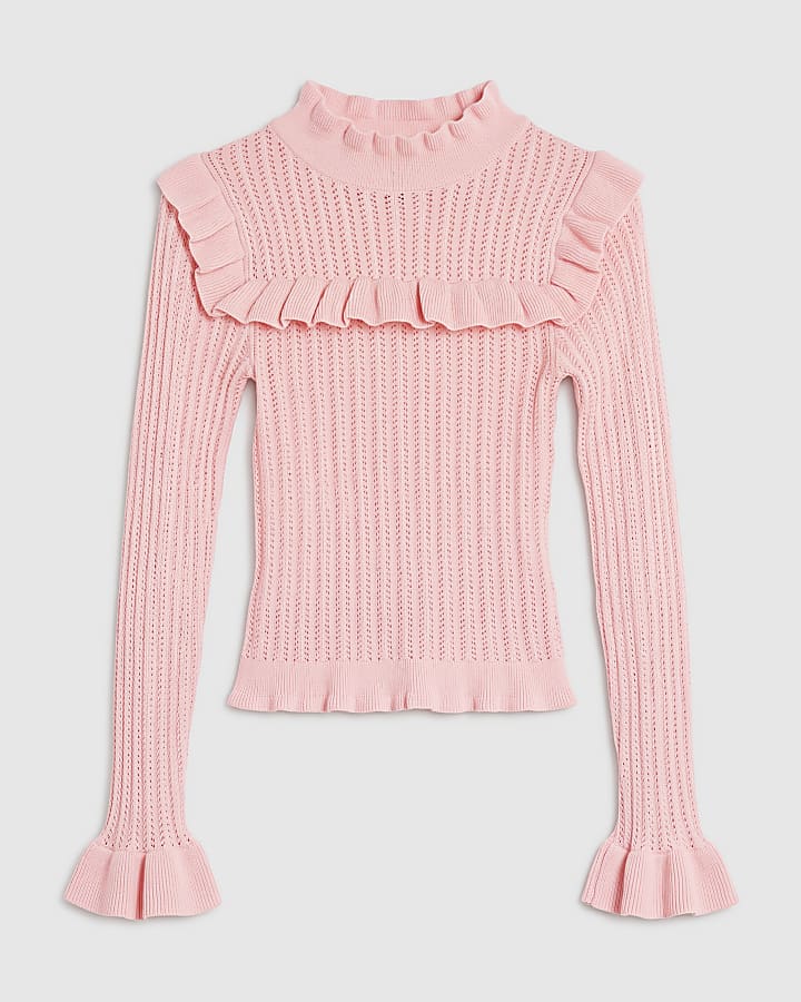Pink Knit Ruffle High Neck Long Sleeve Top