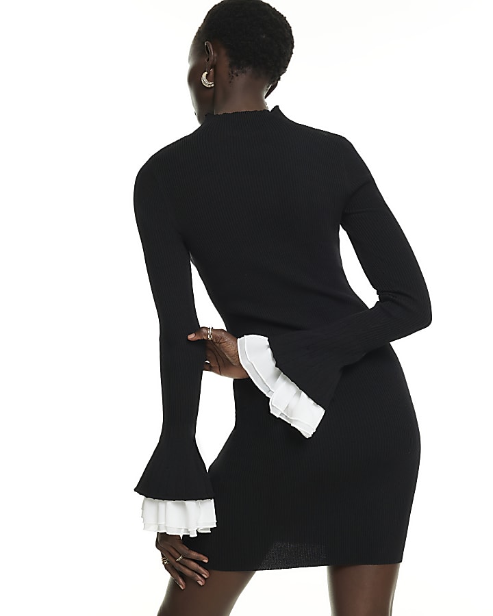 Black Flute Sleeve Ribbed Knit Mini Dress