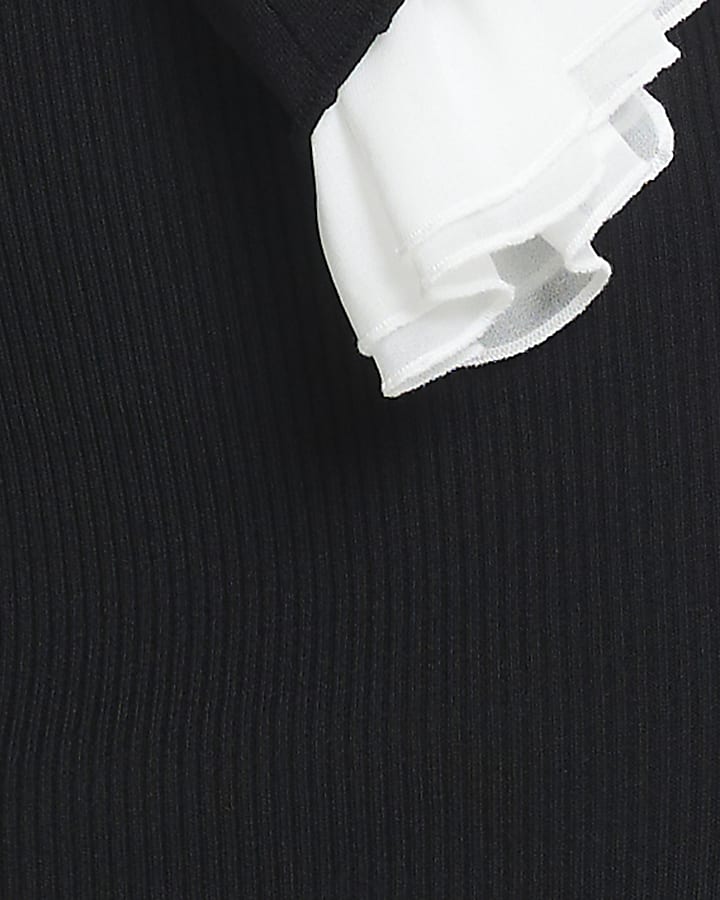Black Flute Sleeve Ribbed Knit Mini Dress