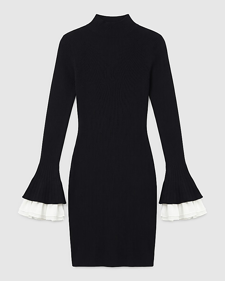 Black Flute Sleeve Ribbed Knit Mini Dress