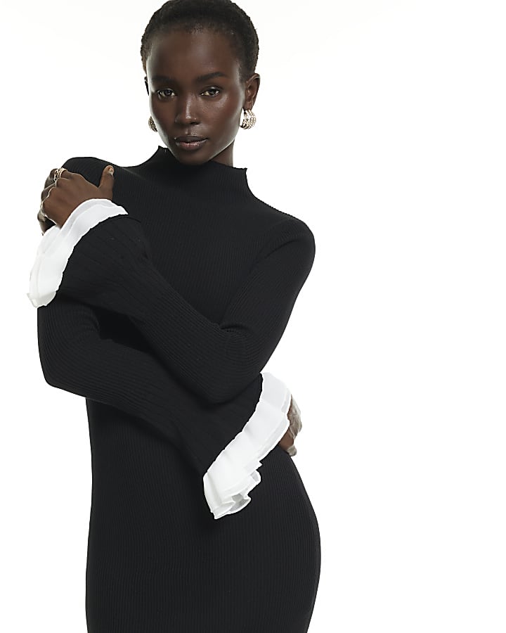 Black Flute Sleeve Ribbed Knit Mini Dress