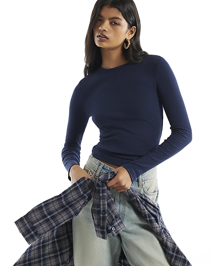Navy Crew Neck Rib Top