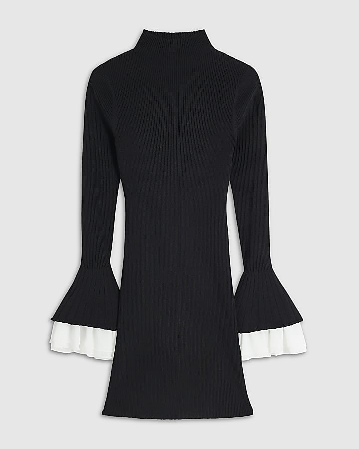 Petite Black Flute Sleeve Ribbed Mini Dress