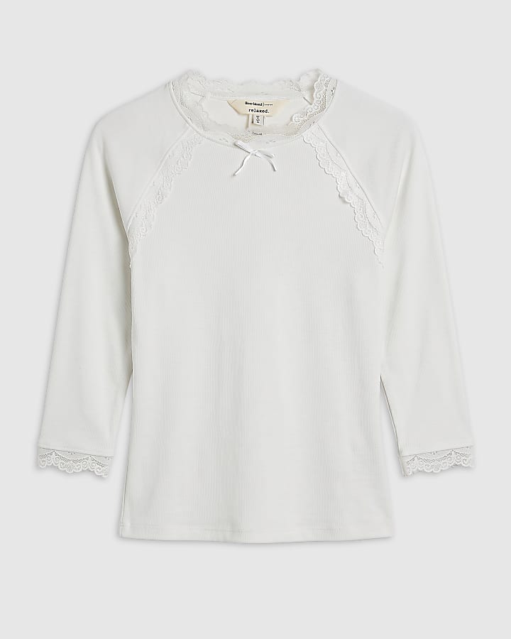 Cream Long Sleeve Lace Bow Trim Top 