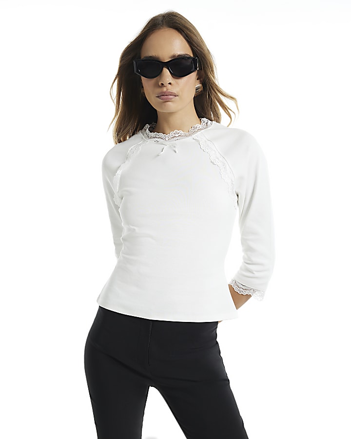 Cream Long Sleeve Lace Bow Trim Top 