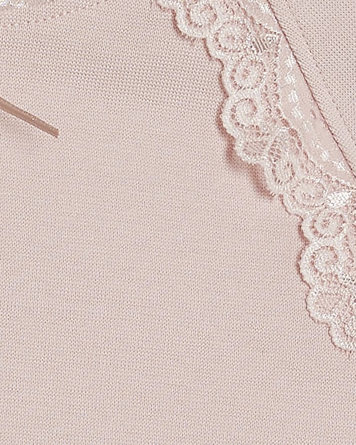 Pink Long Sleeve Lace Bow Trim Top 