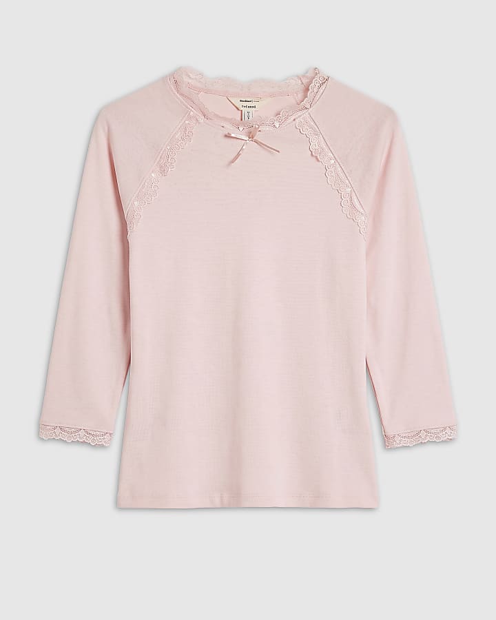 Pink Long Sleeve Lace Bow Trim Top 