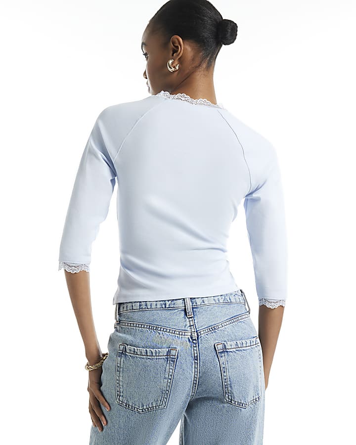 Blue Long Sleeve Lace Bow Trim Top 