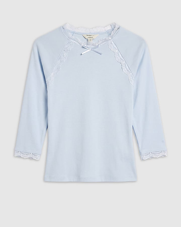 Blue Long Sleeve Lace Bow Trim Top 