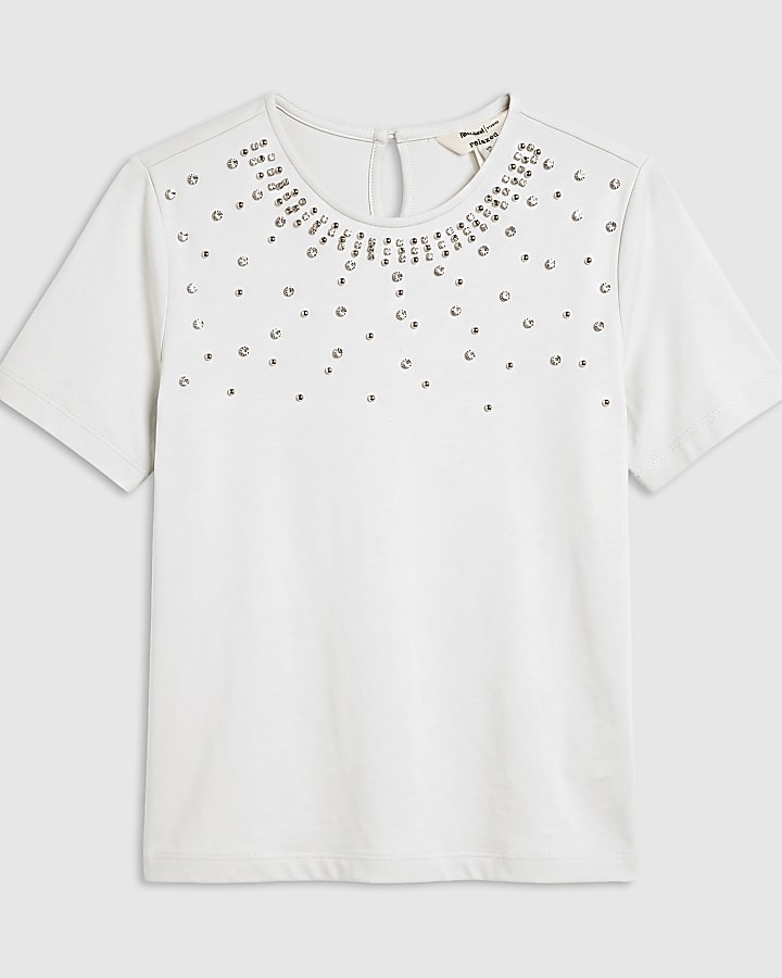 White Embellished Short Sleeve T-Shirt