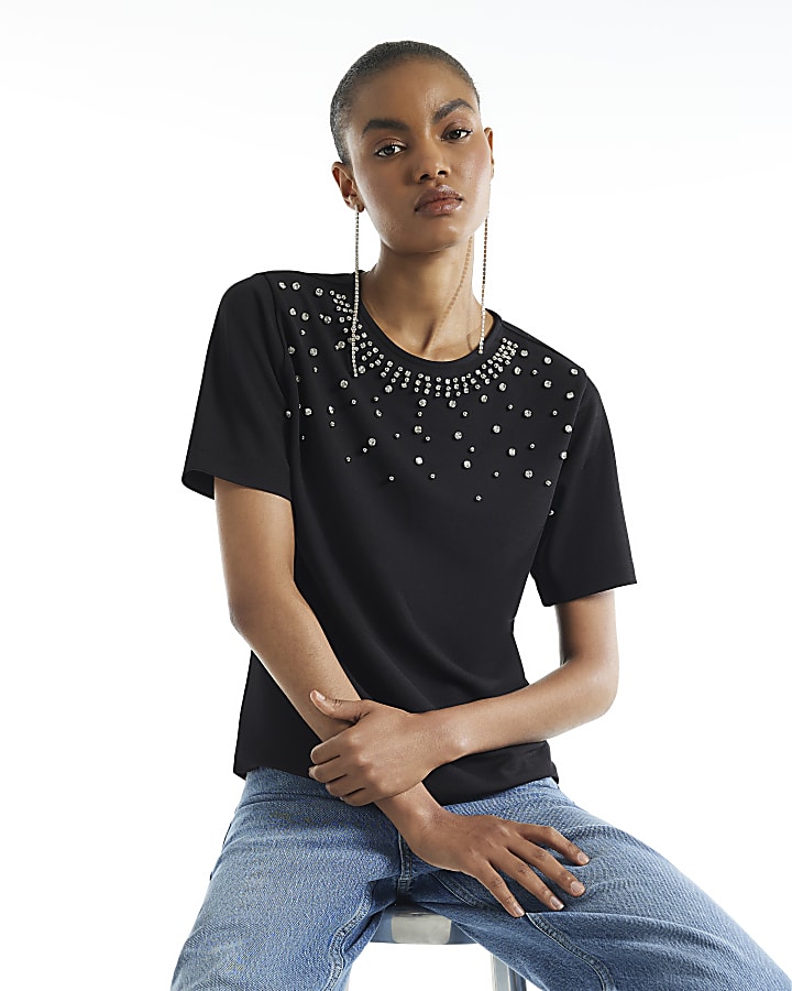 Black Embellished Short Sleeve T-Shirt
