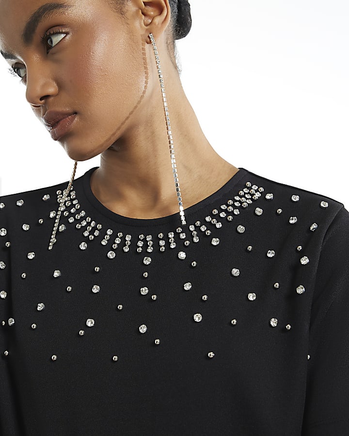 Black Embellished Short Sleeve T-Shirt