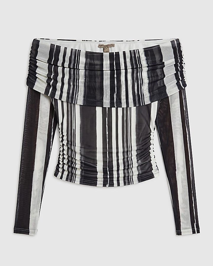 Black Mesh Stripe Bardot Long Sleeve Top