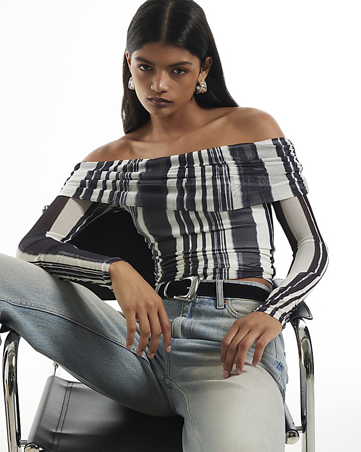 Black Mesh Stripe Bardot Long Sleeve Top