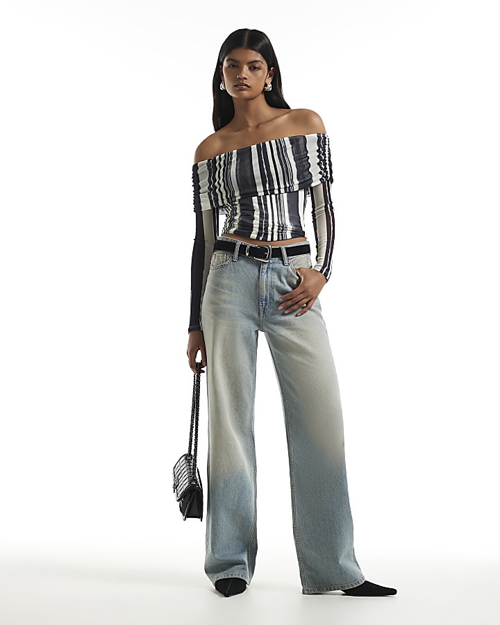 Black Mesh Stripe Bardot Long Sleeve Top