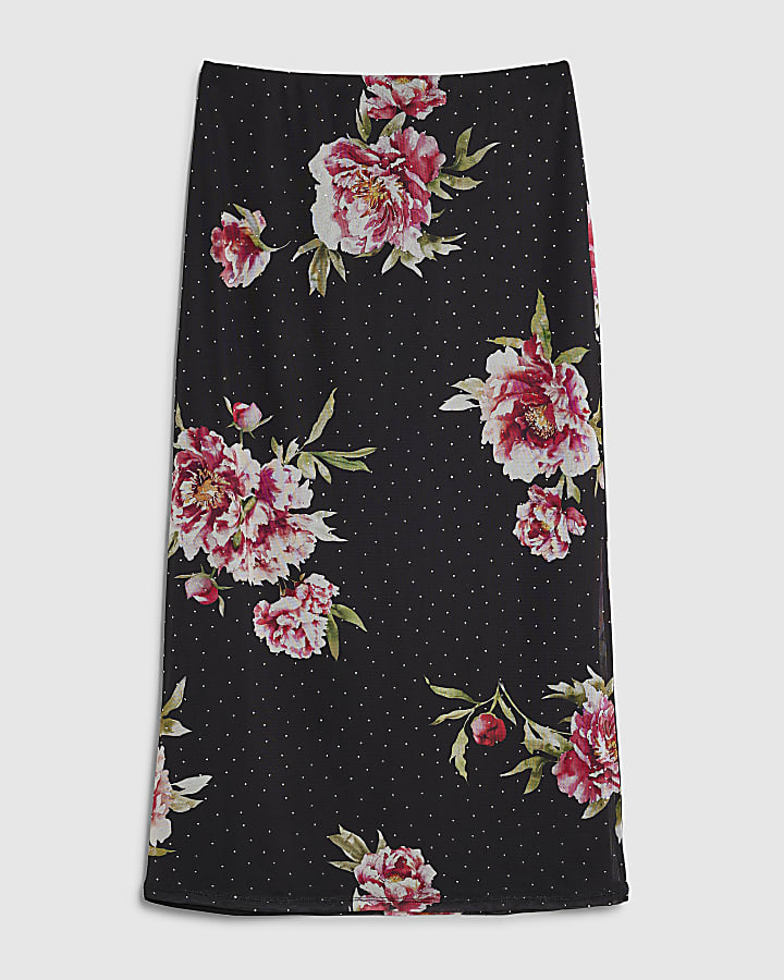 Black Floral Hotfix Mesh Maxi Skirt