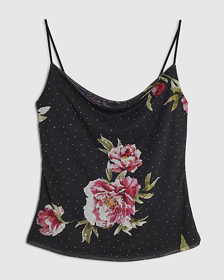 Black Floral Hotfix Mesh Cami Top