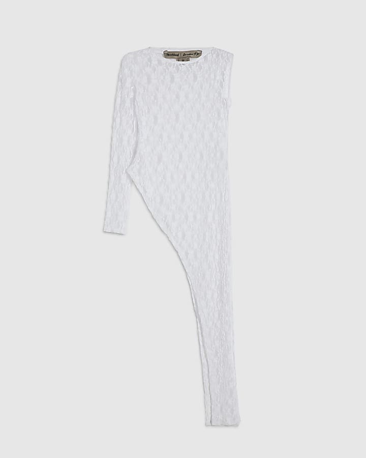 White Long Sleeve Asymmetric Hem Lace Top