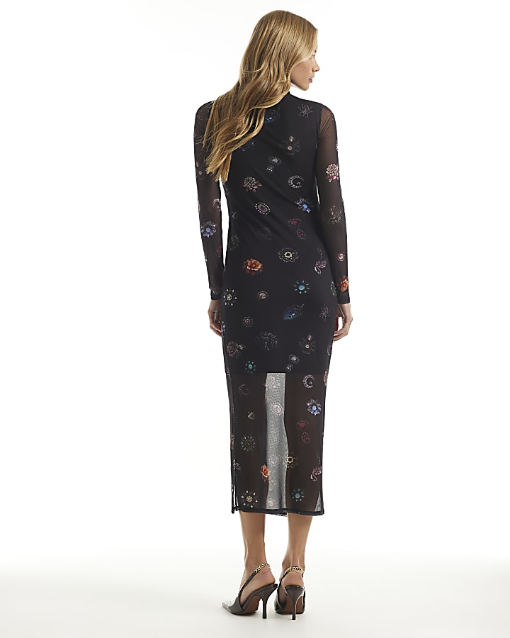 Black Mesh Jewel Print Midi Dress