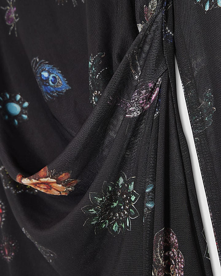 Black Mesh Jewel Print Midi Dress