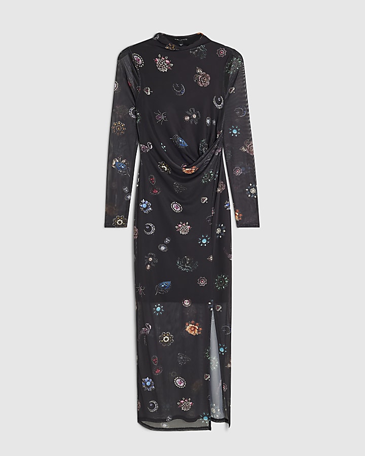 Black Mesh Jewel Print Midi Dress