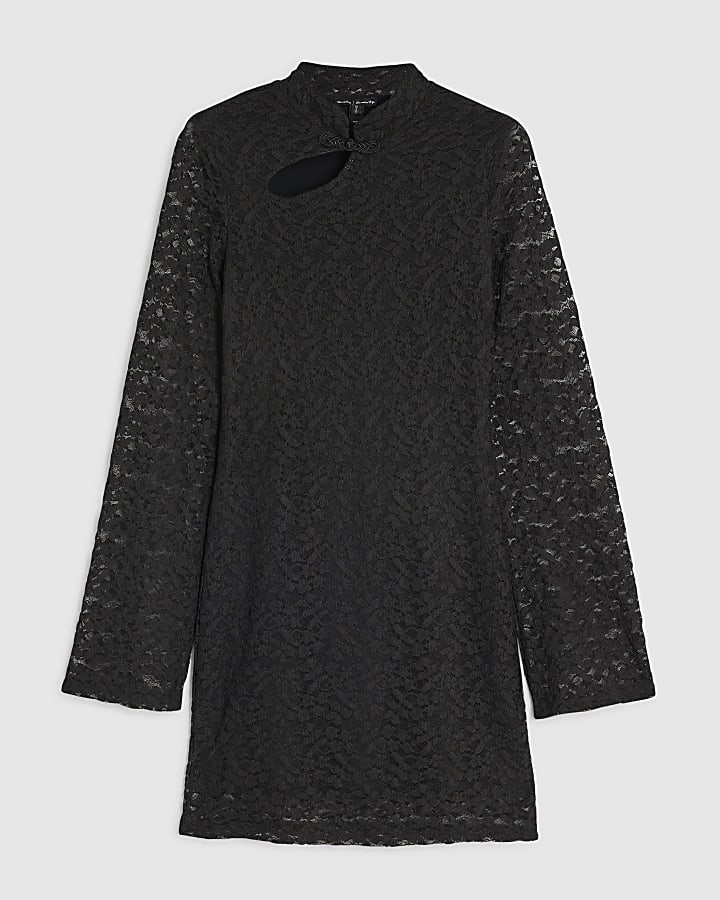 Black Lace Neck Cutout Mini Dress