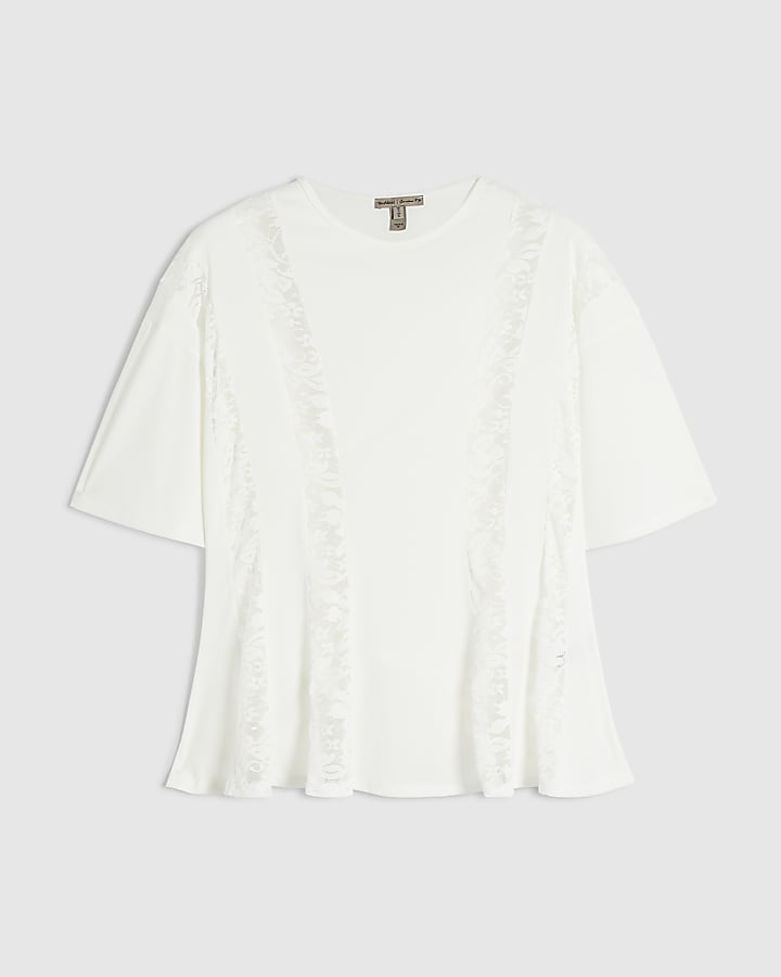Cream Short Sleeve Lace Insert Peplum Top