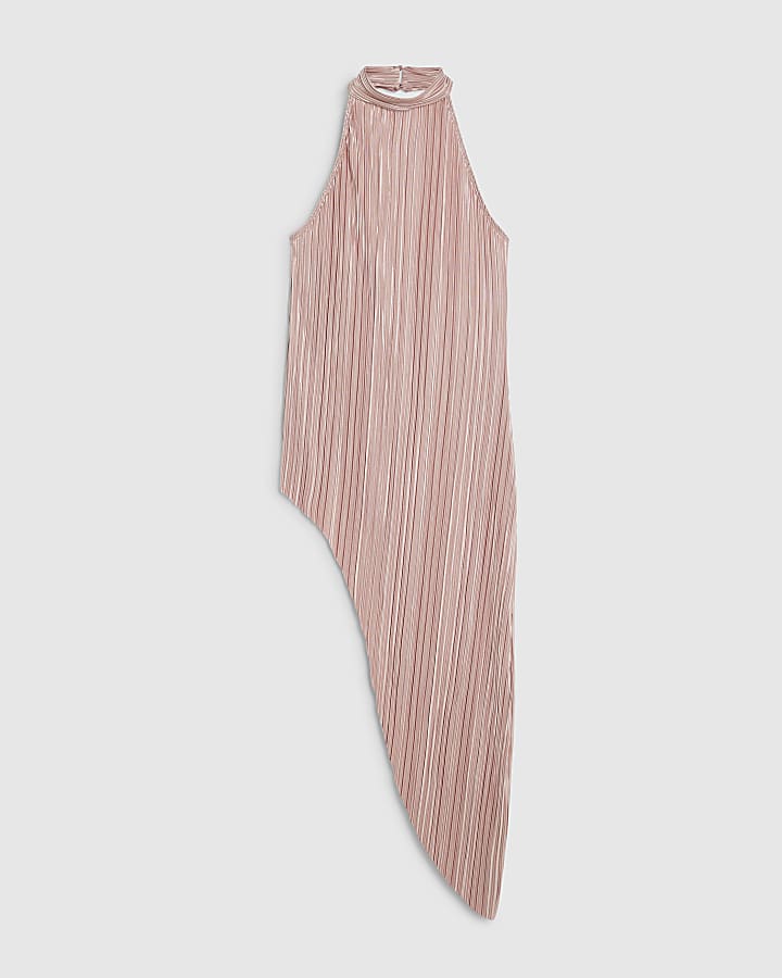 Pink Plisse Halter Neck Asymmetric Hem Top