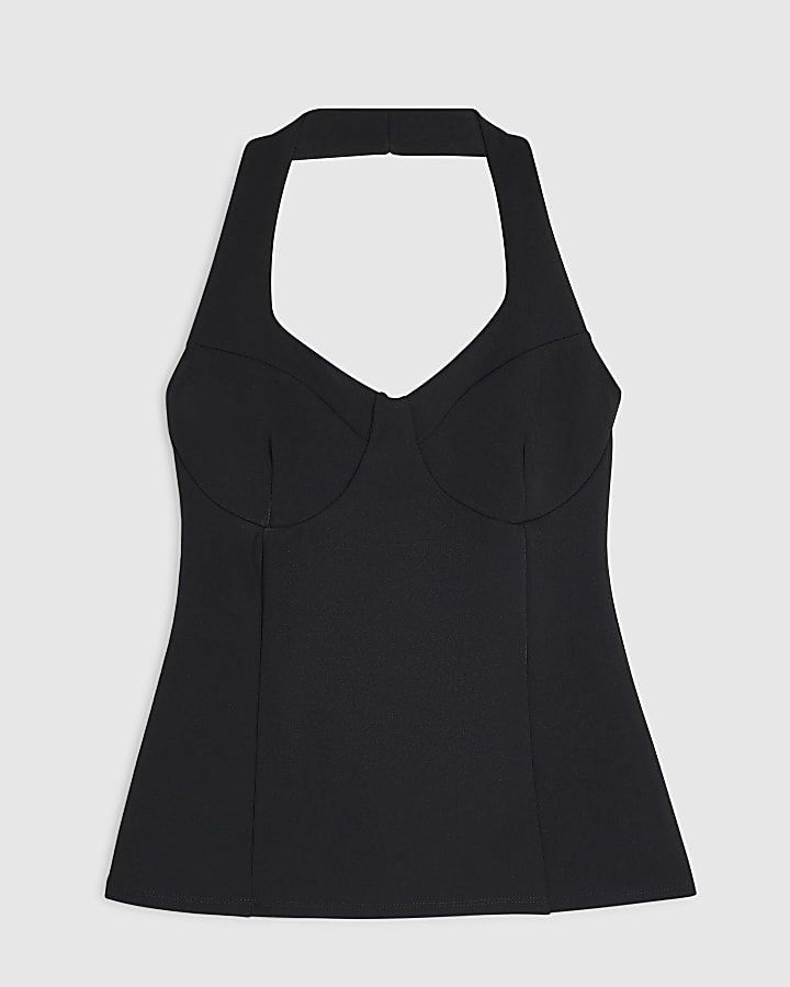 Black Sleeveless Halter Plunge Top