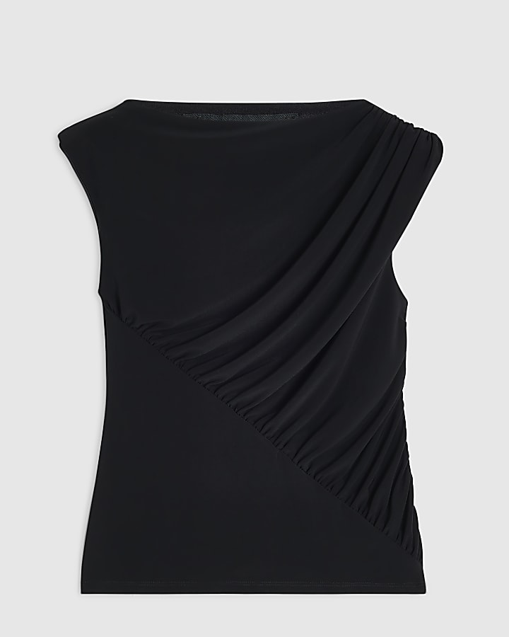 Black Crew Neck Ruched Top
