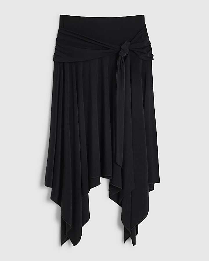 Black Tie Front Hanky Hem Midi Skirt
