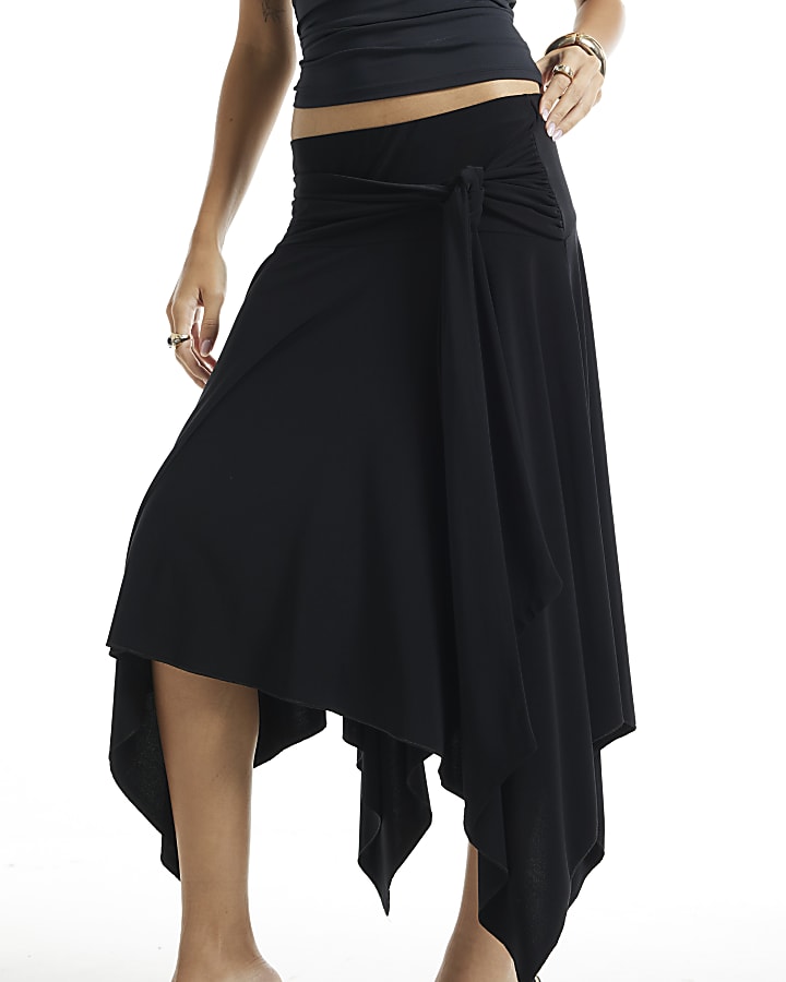 Black Tie Front Hanky Hem Midi Skirt