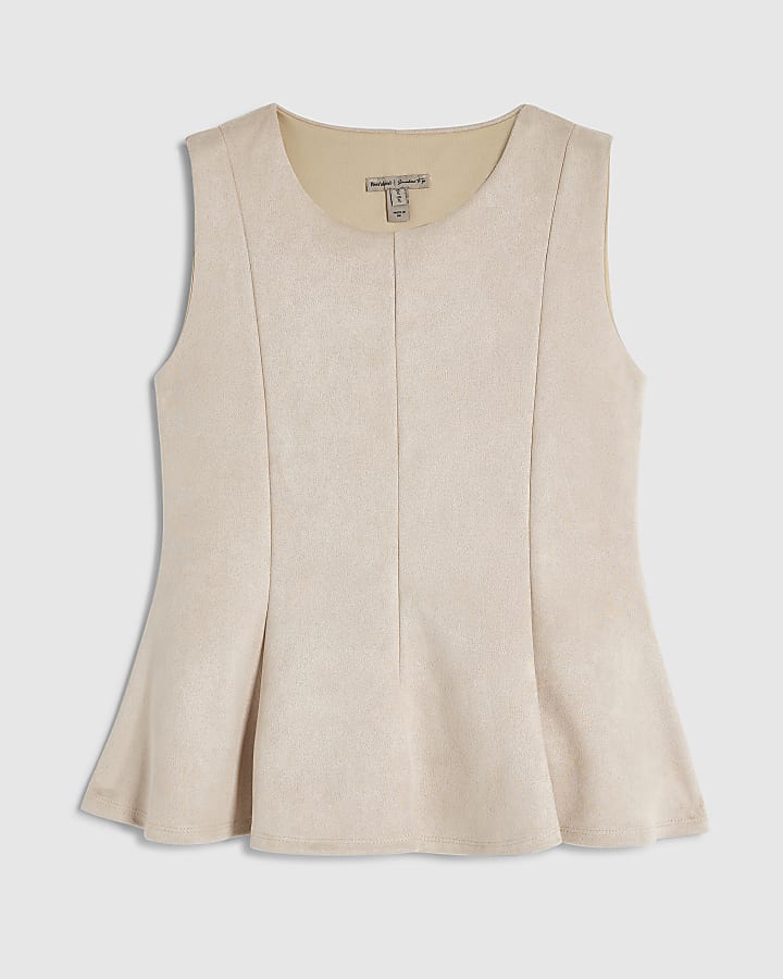 Cream Faux Suede Sleeveless Peplum Top