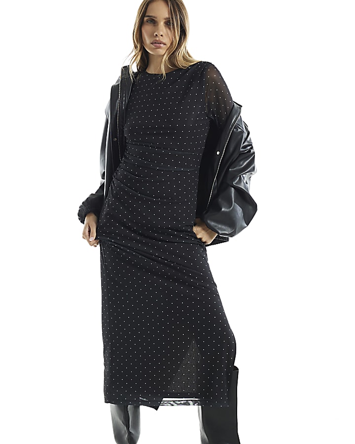 Black Mesh Spot Print Maxi Dress