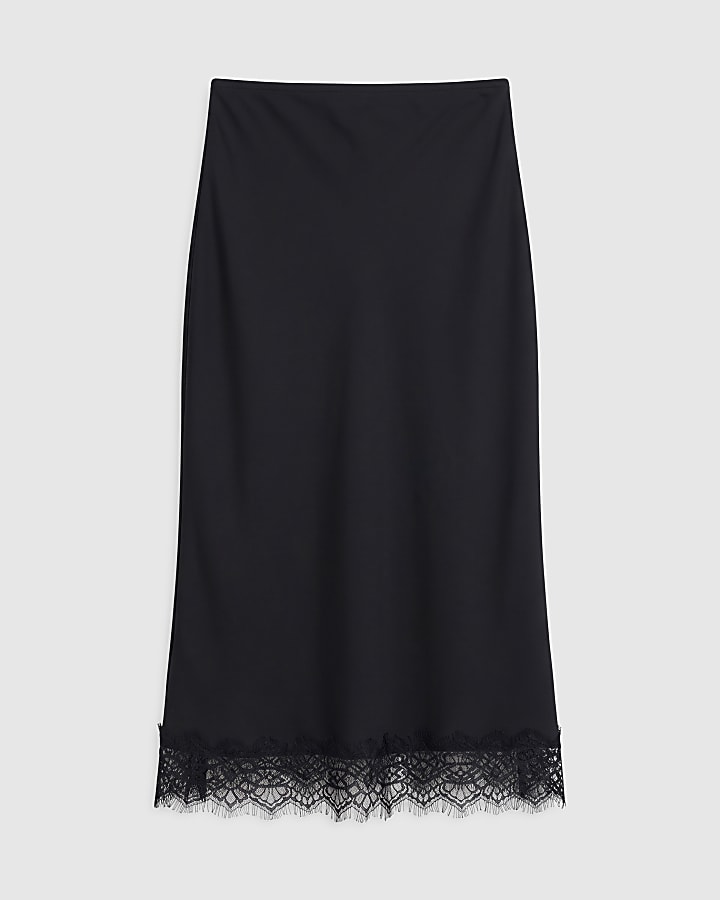 Black Satin 90s Lace Hem Slip Skirt