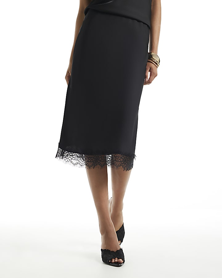 Black Satin 90s Lace Hem Slip Skirt