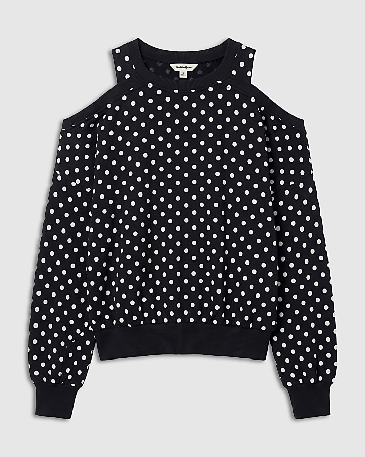 Black Polka Dot Cold Shoulder Sweatshirt