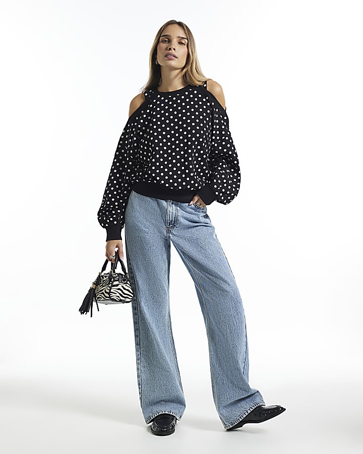 Black Polka Dot Cold Shoulder Sweatshirt
