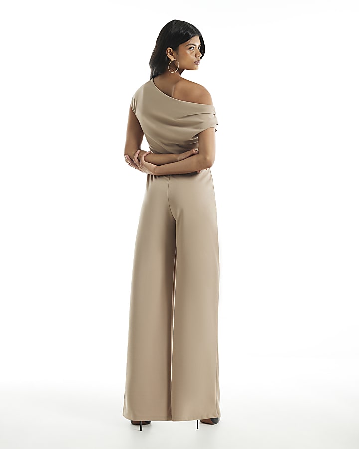 Beige Asymmetric Draped Jumpsuit