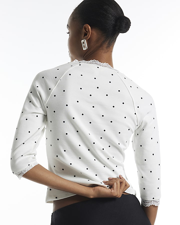 Cream Polka Dot Long Sleeve Lace Bow Trim Top