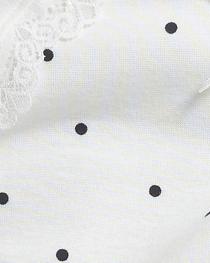 Cream Polka Dot Long Sleeve Lace Bow Trim Top