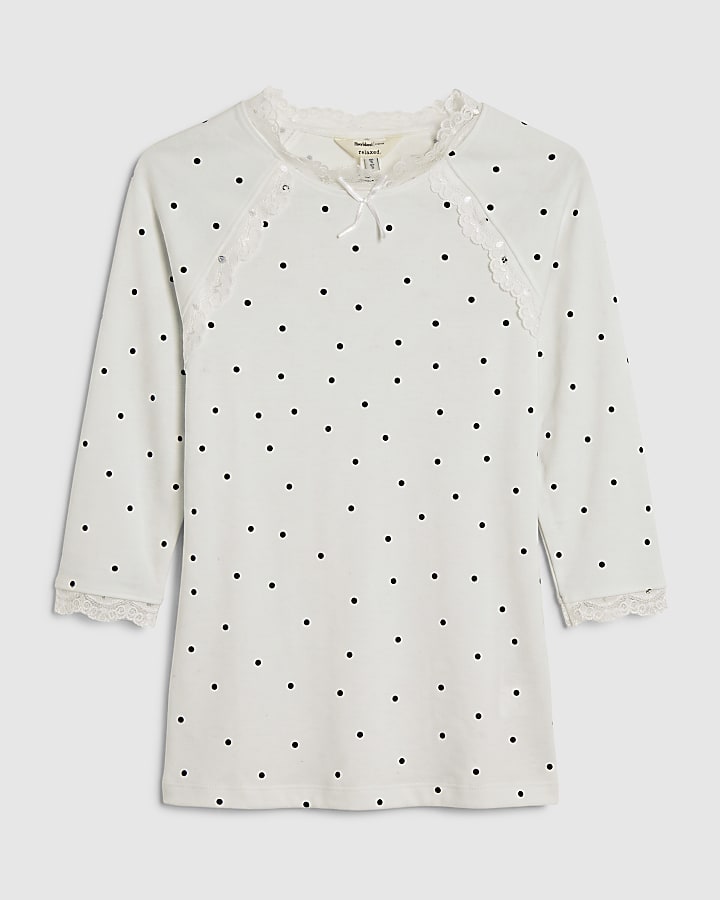 Cream Polka Dot Long Sleeve Lace Bow Trim Top