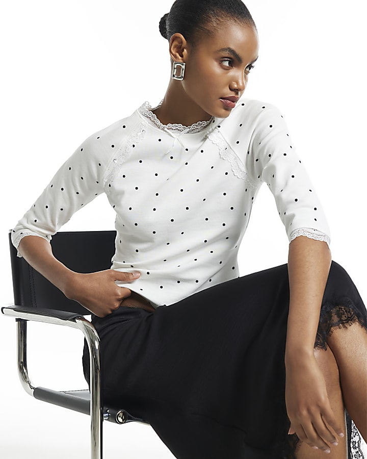Cream Polka Dot Long Sleeve Lace Bow Trim Top