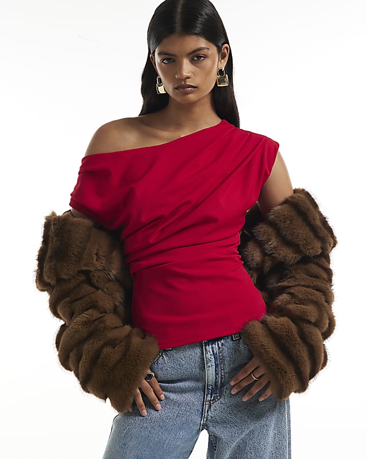 Red Asymmetric Drape Top