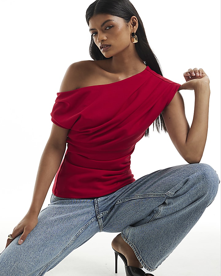 Red Asymmetric Drape Top